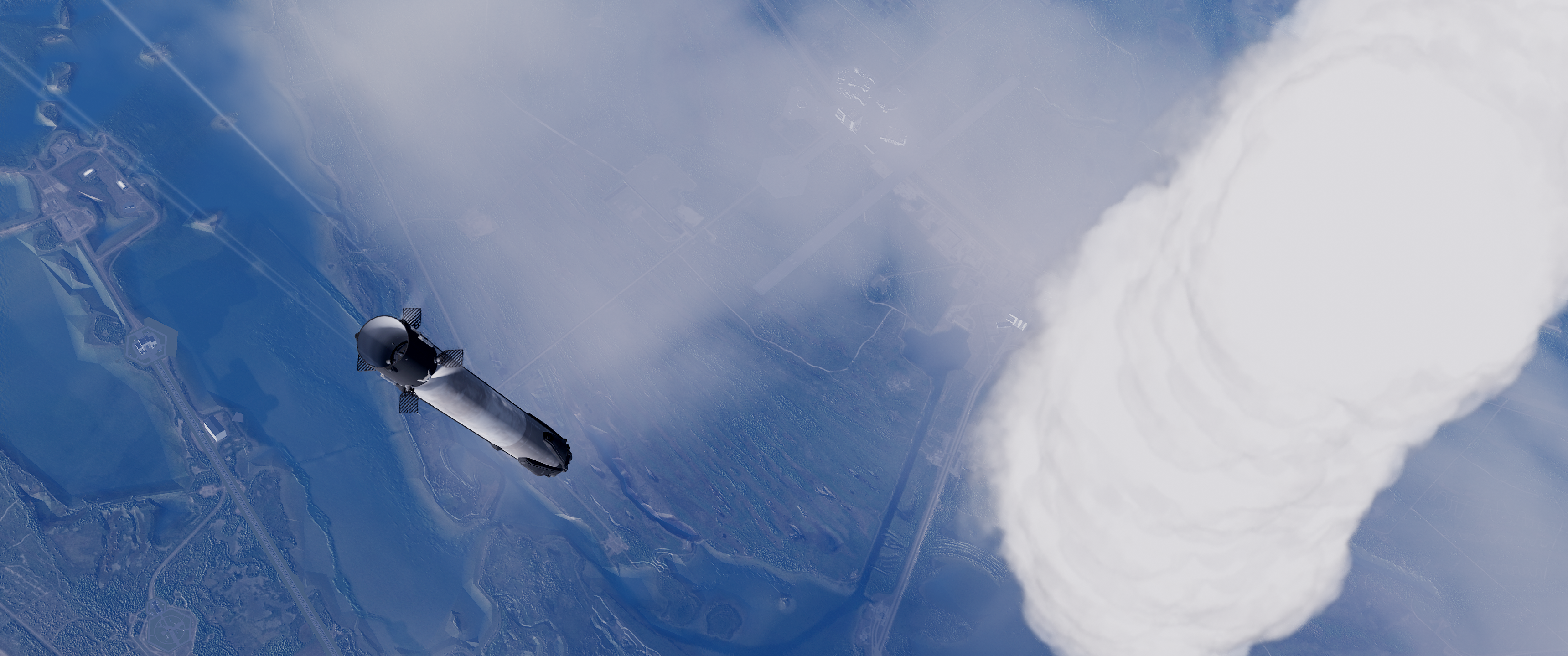 Phoebe in flight above cloud cover, seen from above with its contrail